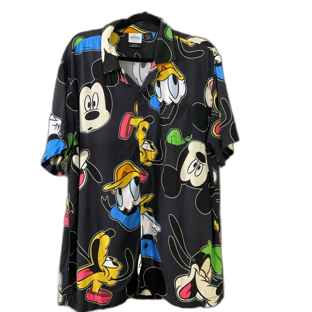 Disney Mickey & Friends AOP Button Up 100% Rayon Shirt Men's L Black w pocket